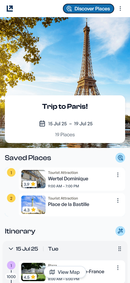 Mobile screenshot of the Outbound trip planner's itinerary planner screen