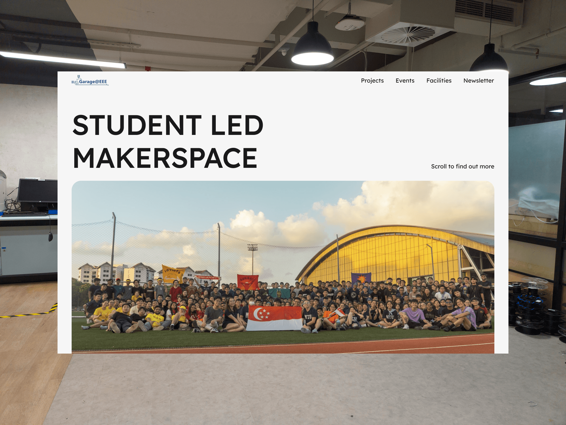 Homepage of the Garage@EEE website, a makerspace for EEE students in NTU.