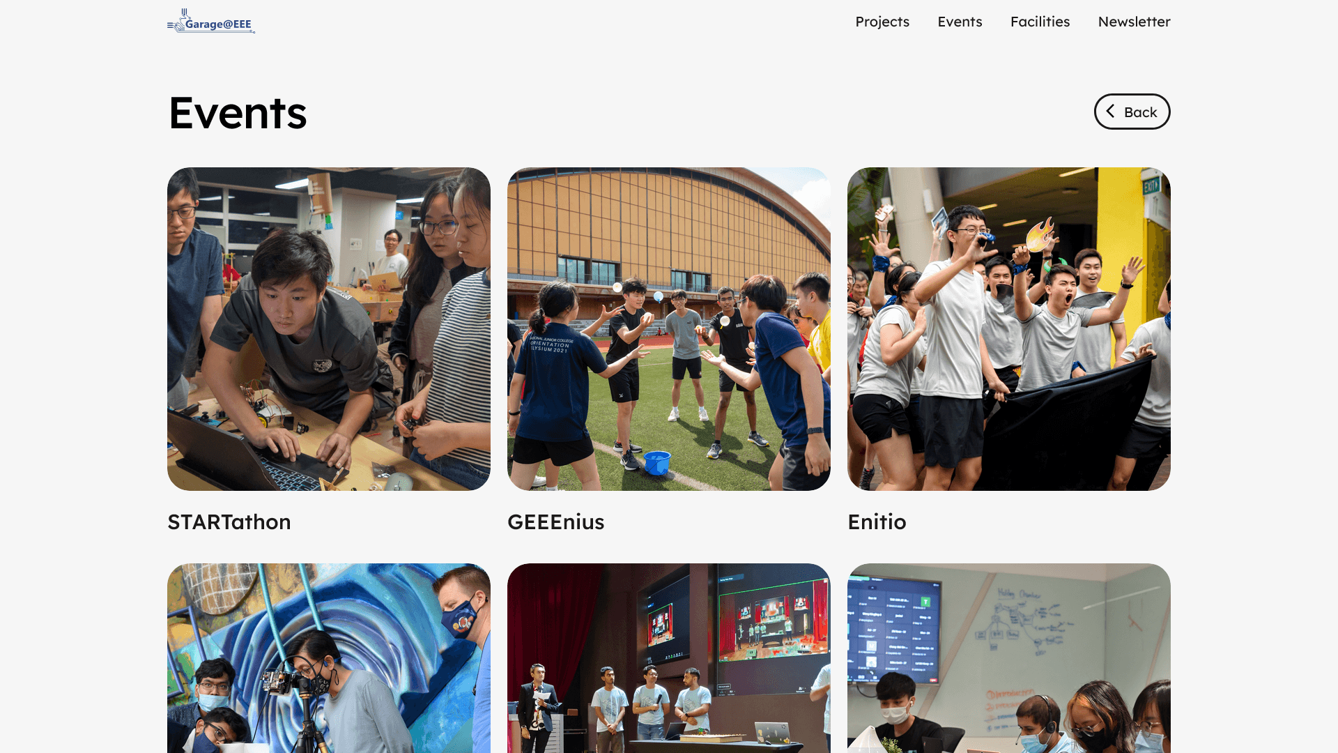 Screenshot of events page of website.