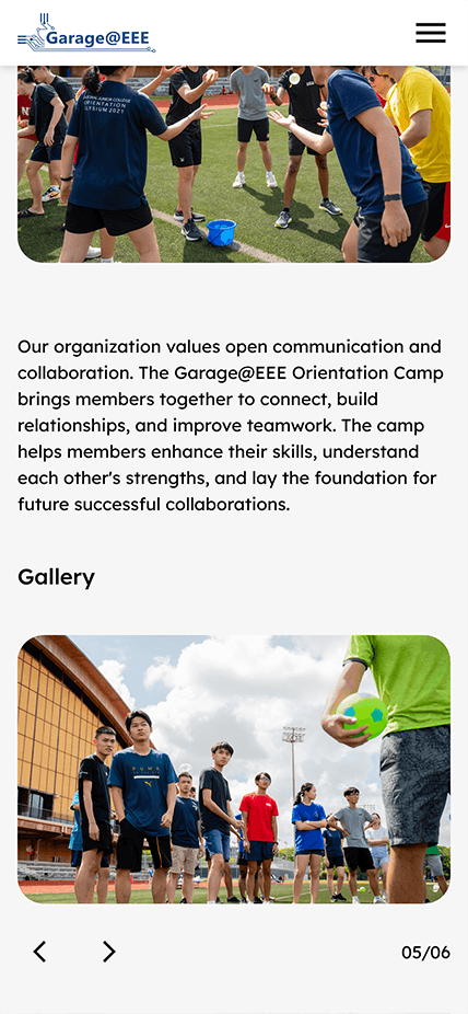 Mobile screenshot of a page about the internal orientation camp of Garage.