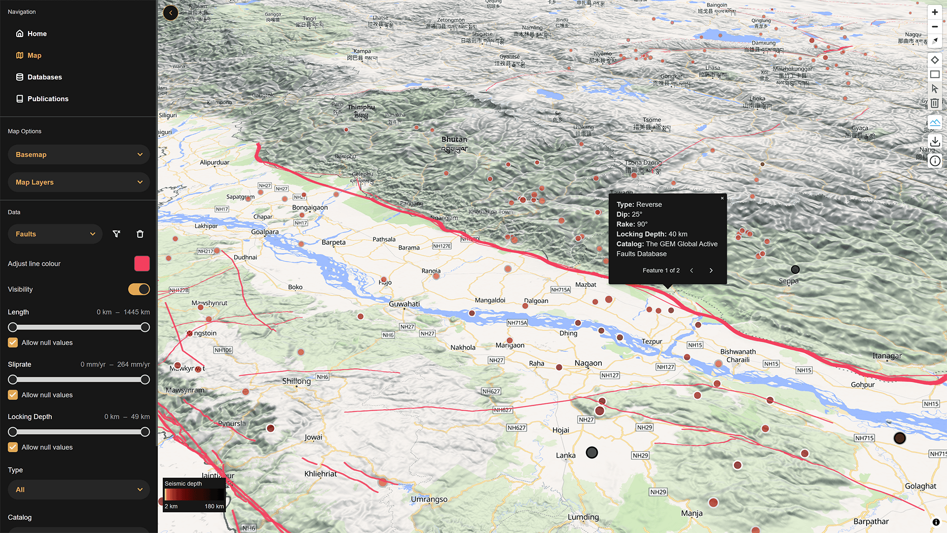 Screenshot of the map with a fault line highlighted.