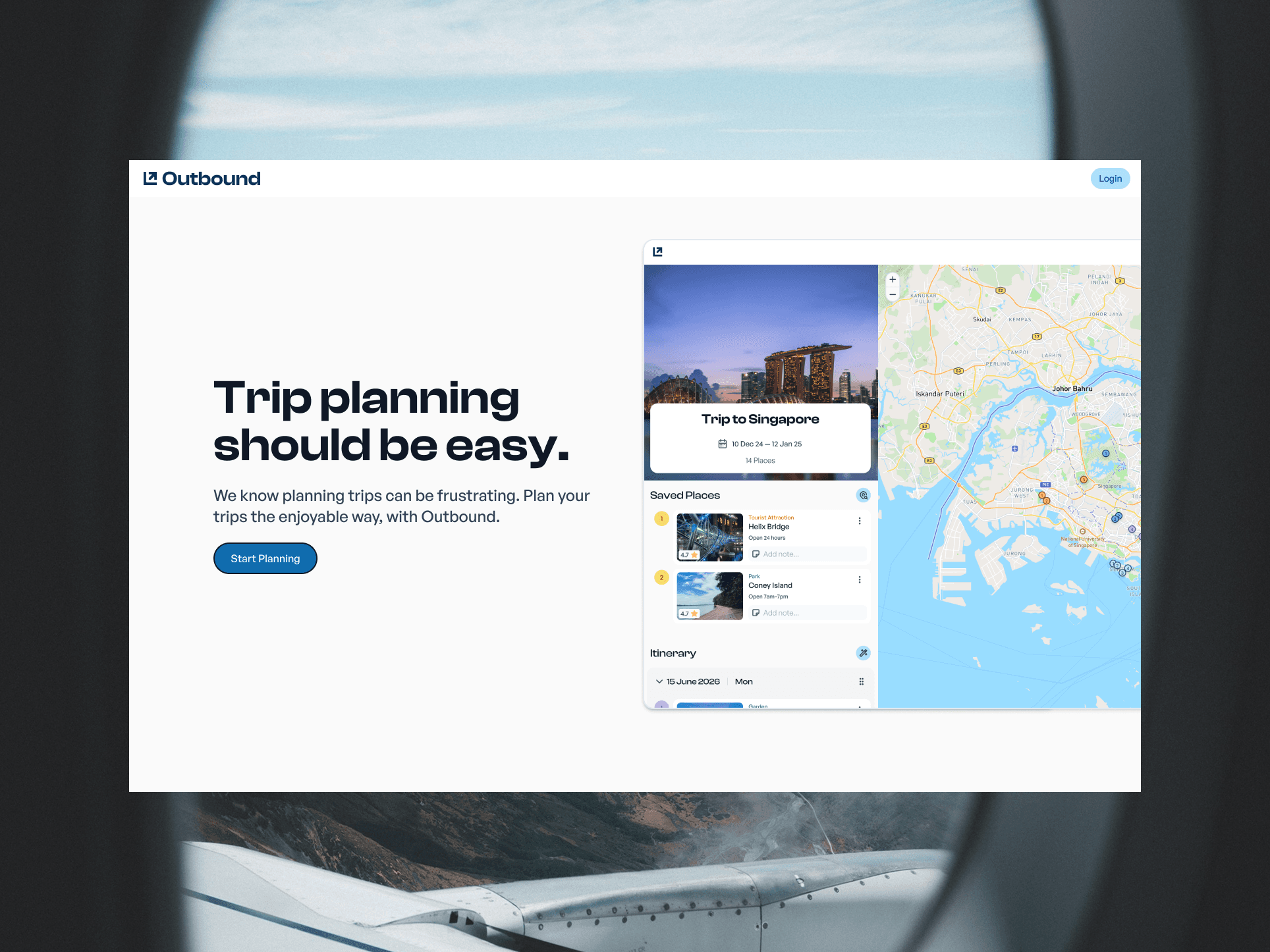 Homepage of the Outbound trip planning website.