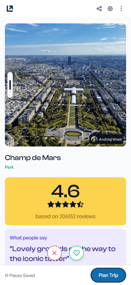 Mobile screenshot of the Outbound trip planner's place discovery screen